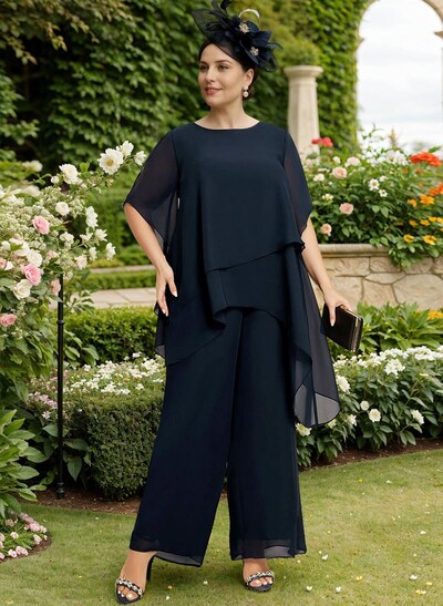 Jumpsuit/Pantsuit Scoop Neck Short Sleeves Chiffon Mother Of The Bride Dresses