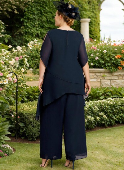 Jumpsuit/Pantsuit Scoop Neck Short Sleeves Chiffon Mother Of The Bride Dresses