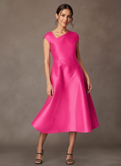 A-Line Asymmetrical Sleeveless Tea-Length Satin Mother Of The Bride Dresses