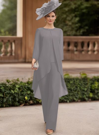 Jumpsuit/Pantsuit Scoop Neck 3/4 Sleeves Chiffon Mother Of The Bride Dresses