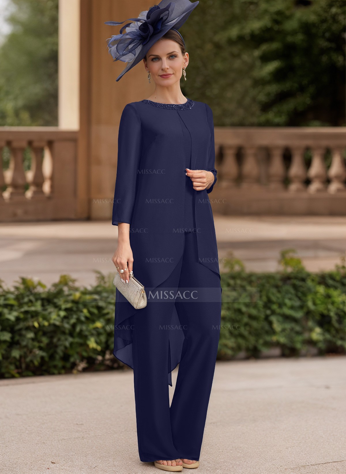 Jumpsuit/Pantsuit Scoop Neck 3/4 Sleeves Chiffon Mother Of The Bride Dresses