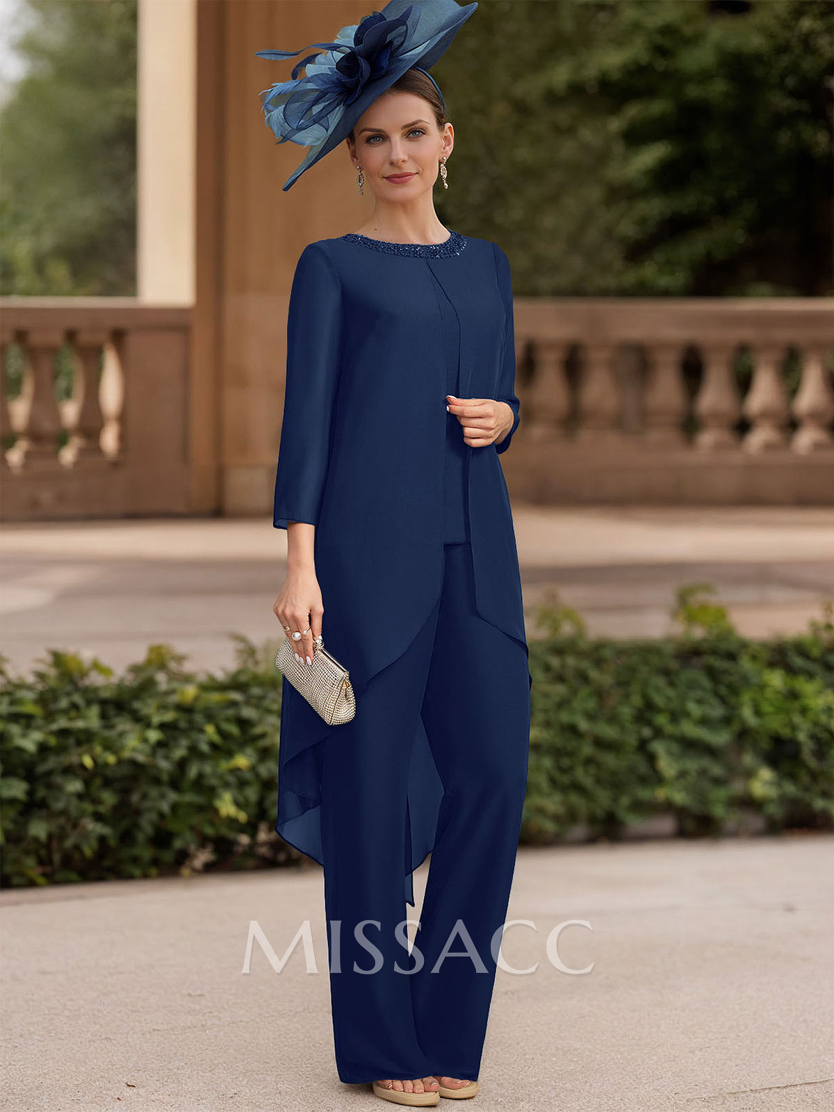Jumpsuit/Pantsuit Scoop Neck 3/4 Sleeves Chiffon Mother Of The Bride Dresses Jumpsuit/Pantsuit Scoop Neck 3/4 Sleeves Chiffon Mother Of The Bride Dresses