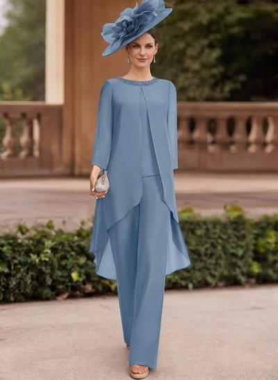Jumpsuit/Pantsuit Scoop Neck 3/4 Sleeves Chiffon Mother Of The Bride Dresses