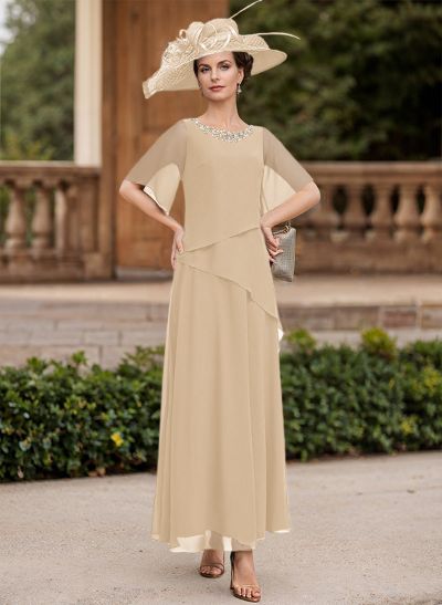 A-Line Scoop Neck 1/2 Sleeves Ankle-Length Chiffon Mother Of The Bride Dresses