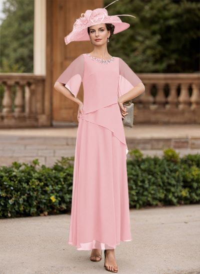 A-Line Scoop Neck 1/2 Sleeves Ankle-Length Chiffon Mother Of The Bride Dresses
