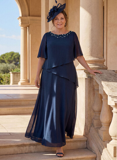 A-Line Scoop Neck 1/2 Sleeves Ankle-Length Chiffon Mother Of The Bride Dresses