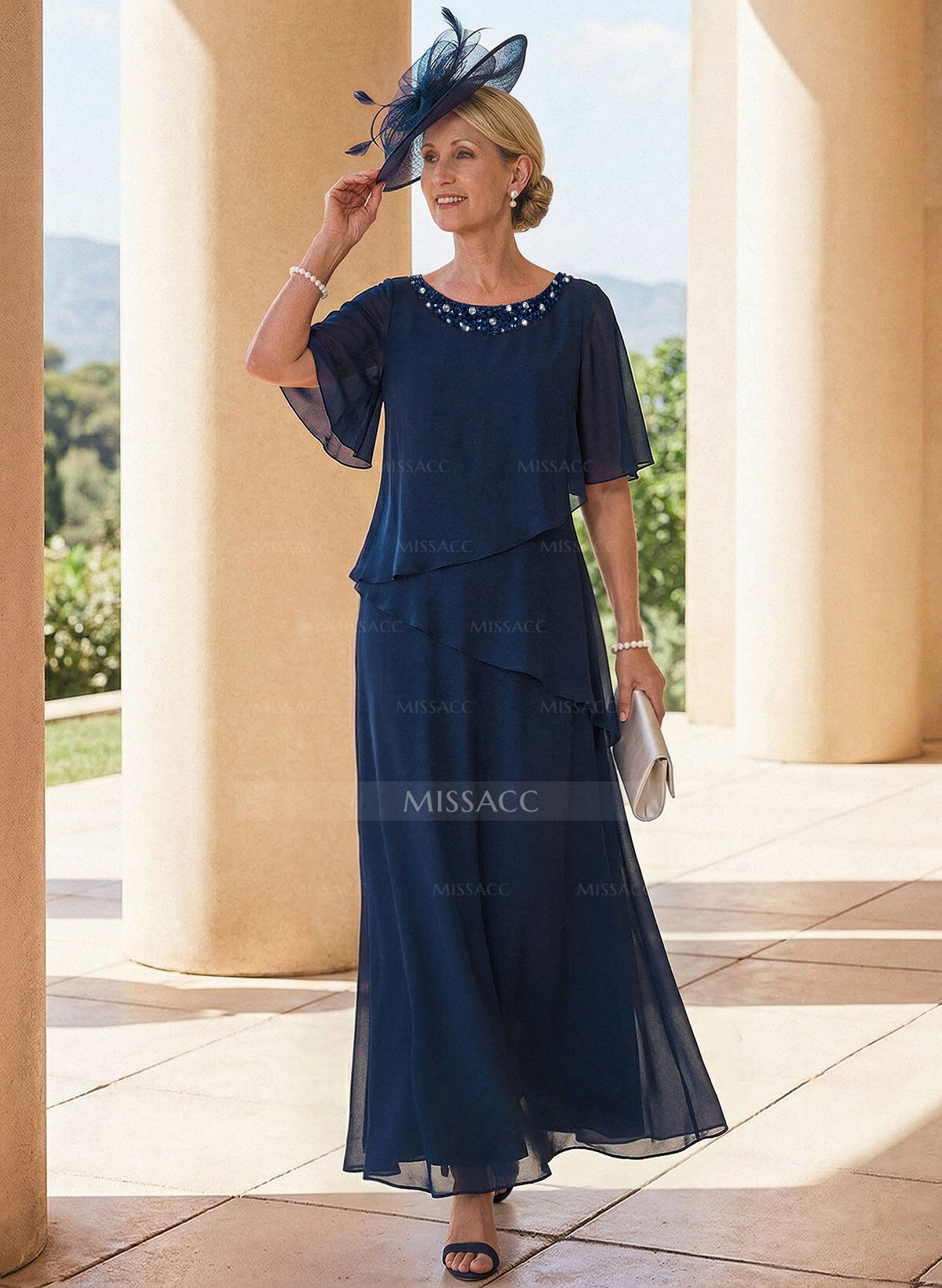 A-Line Scoop Neck 1/2 Sleeves Ankle-Length Chiffon Mother Of The Bride Dresses