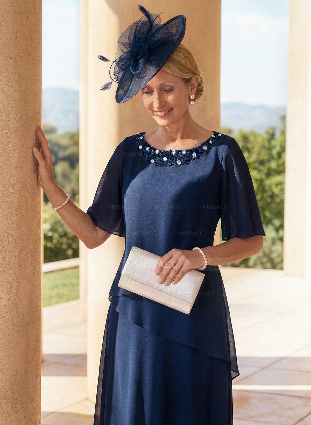 A-Line Scoop Neck 1/2 Sleeves Ankle-Length Chiffon Mother Of The Bride Dresses