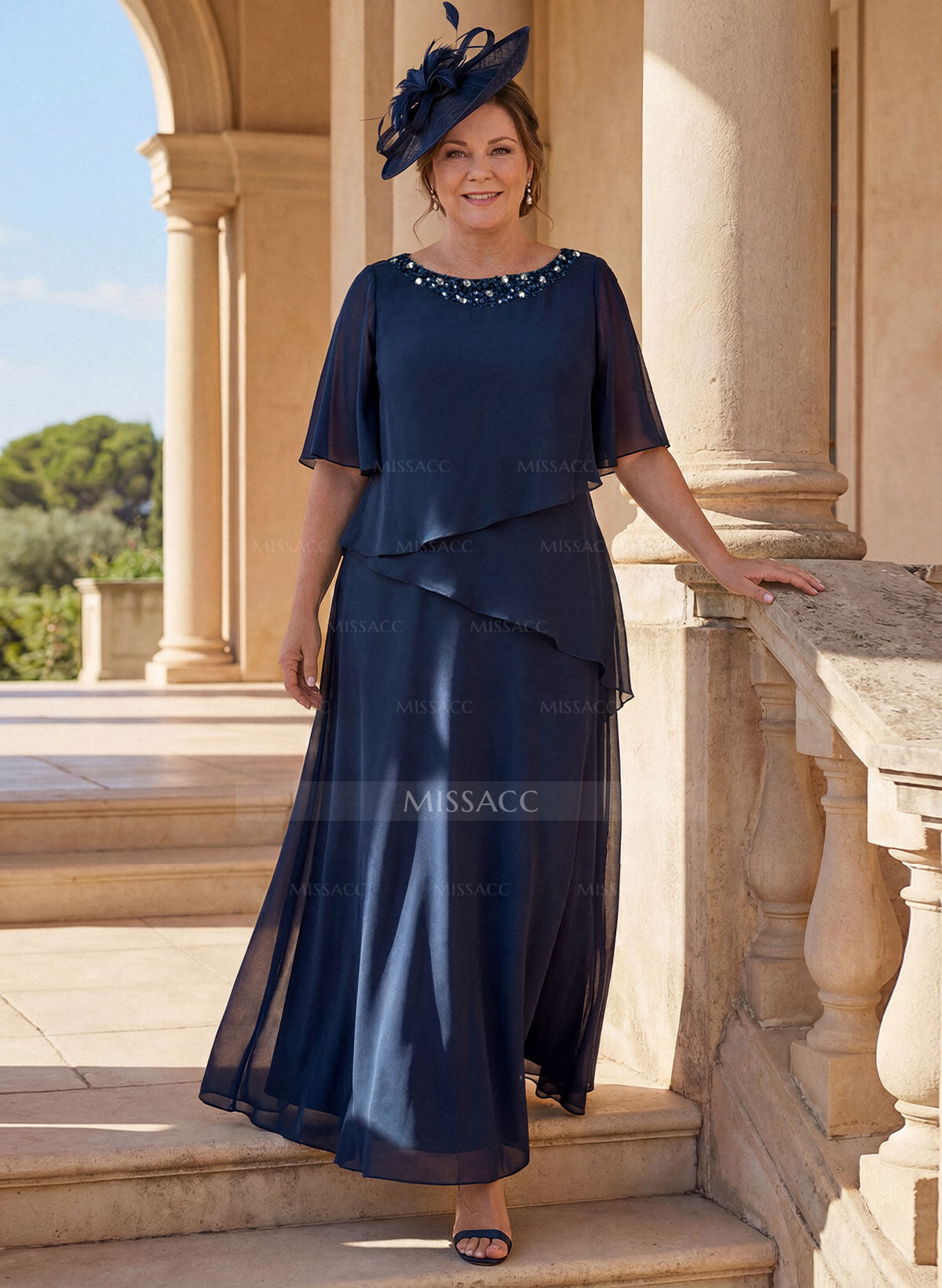 A-Line Scoop Neck 1/2 Sleeves Ankle-Length Chiffon Mother Of The Bride Dresses