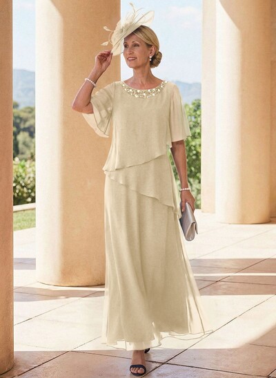 A-Line Scoop Neck 1/2 Sleeves Ankle-Length Chiffon Mother Of The Bride Dresses