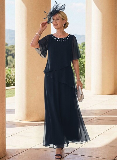 A-Line Scoop Neck 1/2 Sleeves Ankle-Length Chiffon Mother Of The Bride Dresses