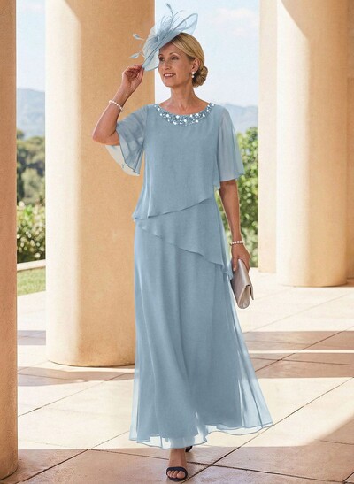 A-Line Scoop Neck 1/2 Sleeves Ankle-Length Chiffon Mother Of The Bride Dresses