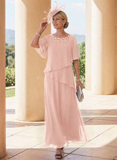 A-Line Scoop Neck 1/2 Sleeves Ankle-Length Chiffon Mother Of The Bride Dresses