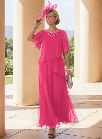 A-Line Scoop Neck 1/2 Sleeves Ankle-Length Chiffon Mother Of The Bride Dresses