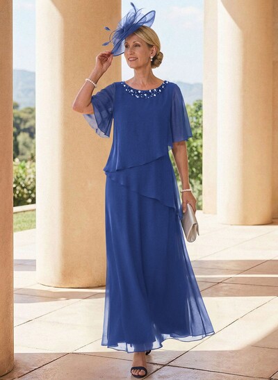 A-Line Scoop Neck 1/2 Sleeves Ankle-Length Chiffon Mother Of The Bride Dresses