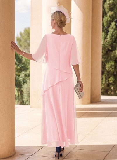 A-Line Scoop Neck 1/2 Sleeves Ankle-Length Chiffon Mother Of The Bride Dresses