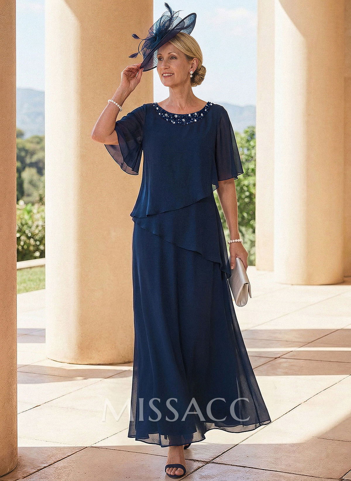 A-Line Scoop Neck 1/2 Sleeves Ankle-Length Chiffon Mother Of The Bride Dresses