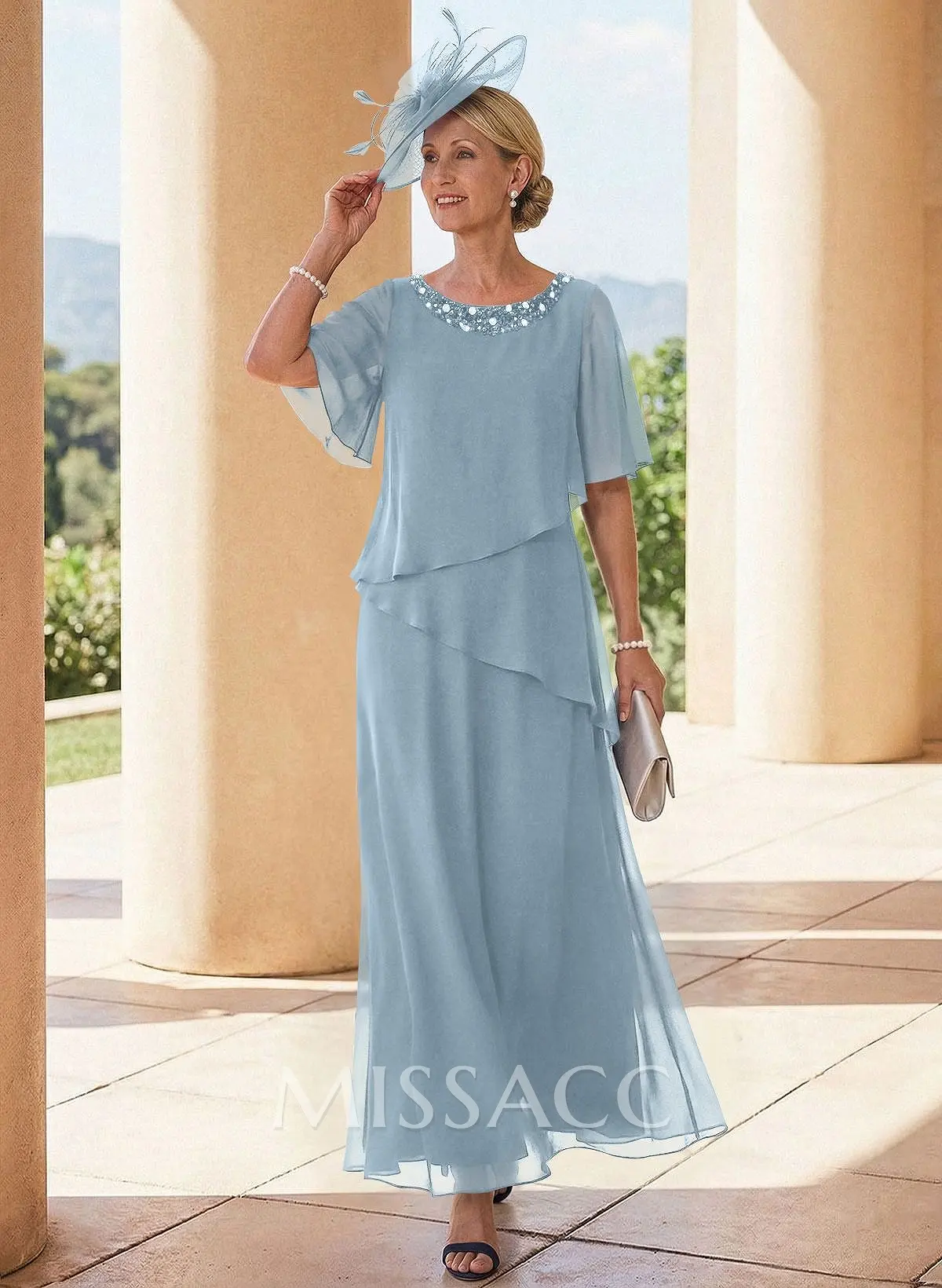 A-Line Scoop Neck 1/2 Sleeves Ankle-Length Chiffon Mother Of The Bride Dresses #SMBD11937