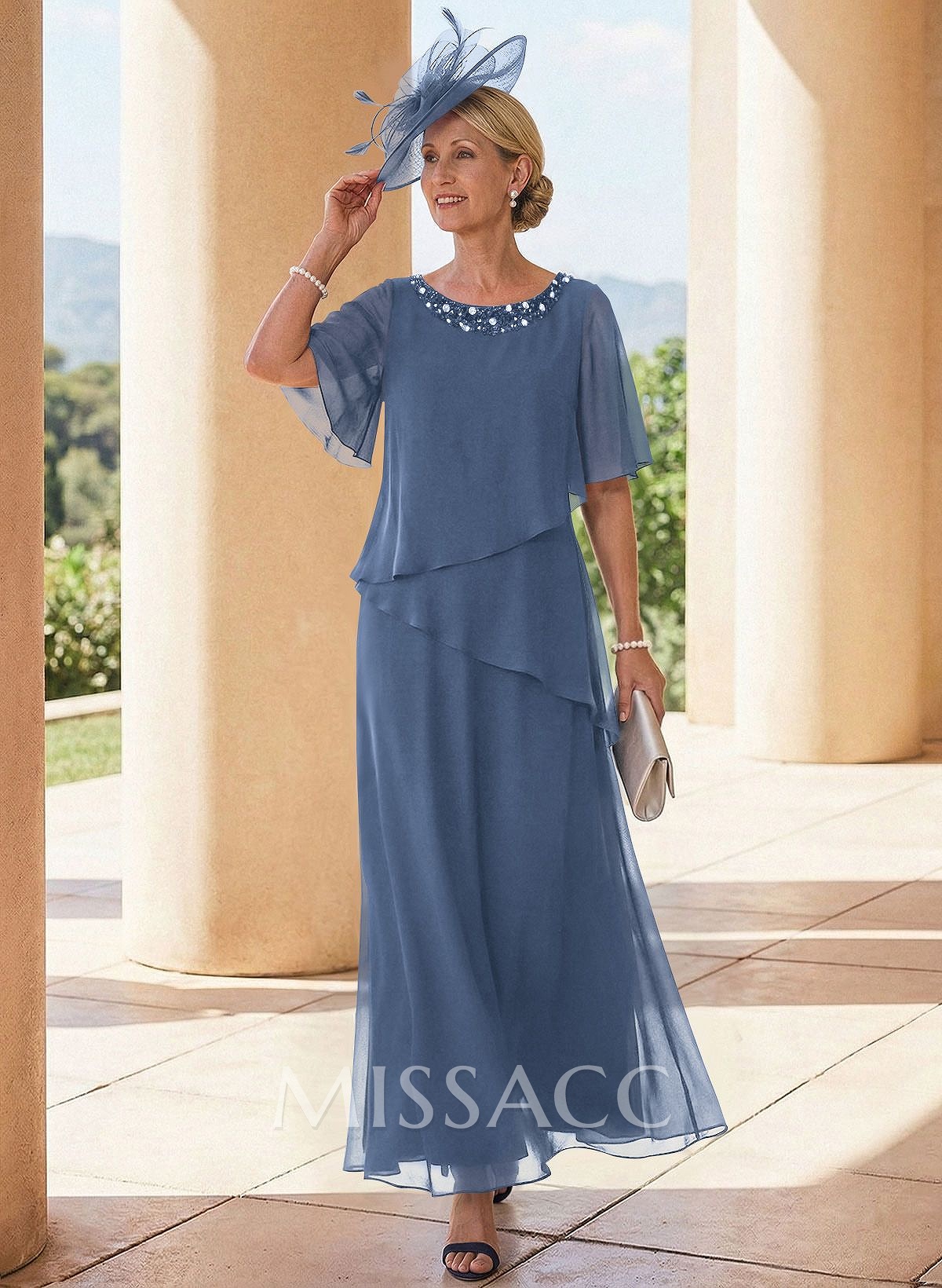 A-Line Scoop Neck 1/2 Sleeves Ankle-Length Chiffon Mother Of The Bride Dresses