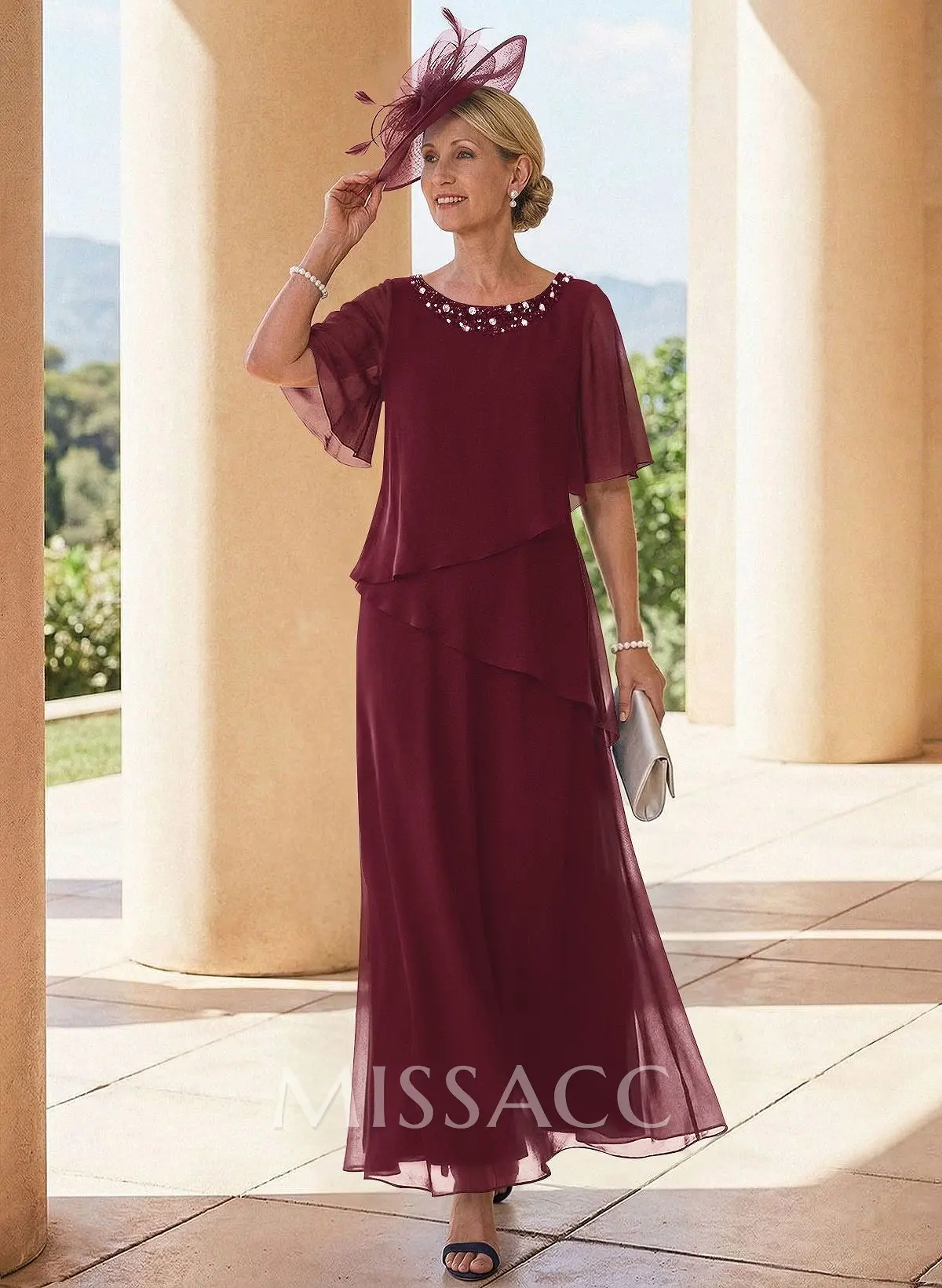 A-Line Scoop Neck 1/2 Sleeves Ankle-Length Chiffon Mother Of The Bride Dresses #SMBD11937