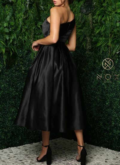 A-Line One-Shoulder Sleeveless Tea-Length Satin Mother Of The Bride Dresses