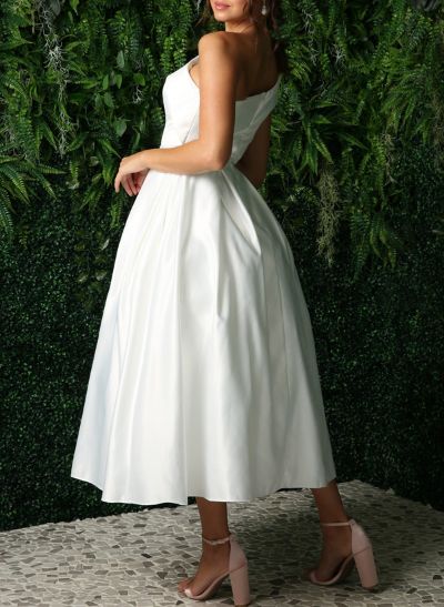 A-Line One-Shoulder Sleeveless Tea-Length Satin Mother Of The Bride Dresses