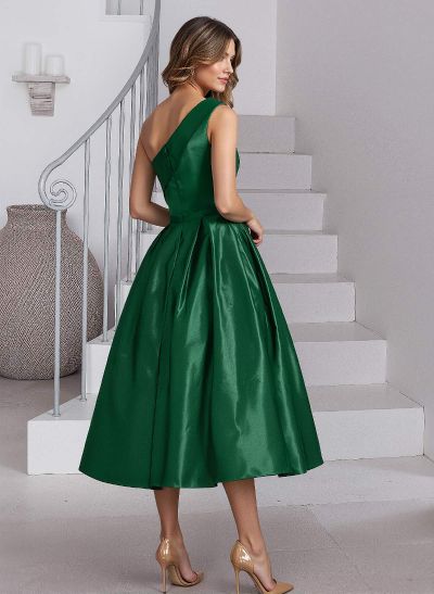 A-Line One-Shoulder Sleeveless Tea-Length Satin Mother Of The Bride Dresses