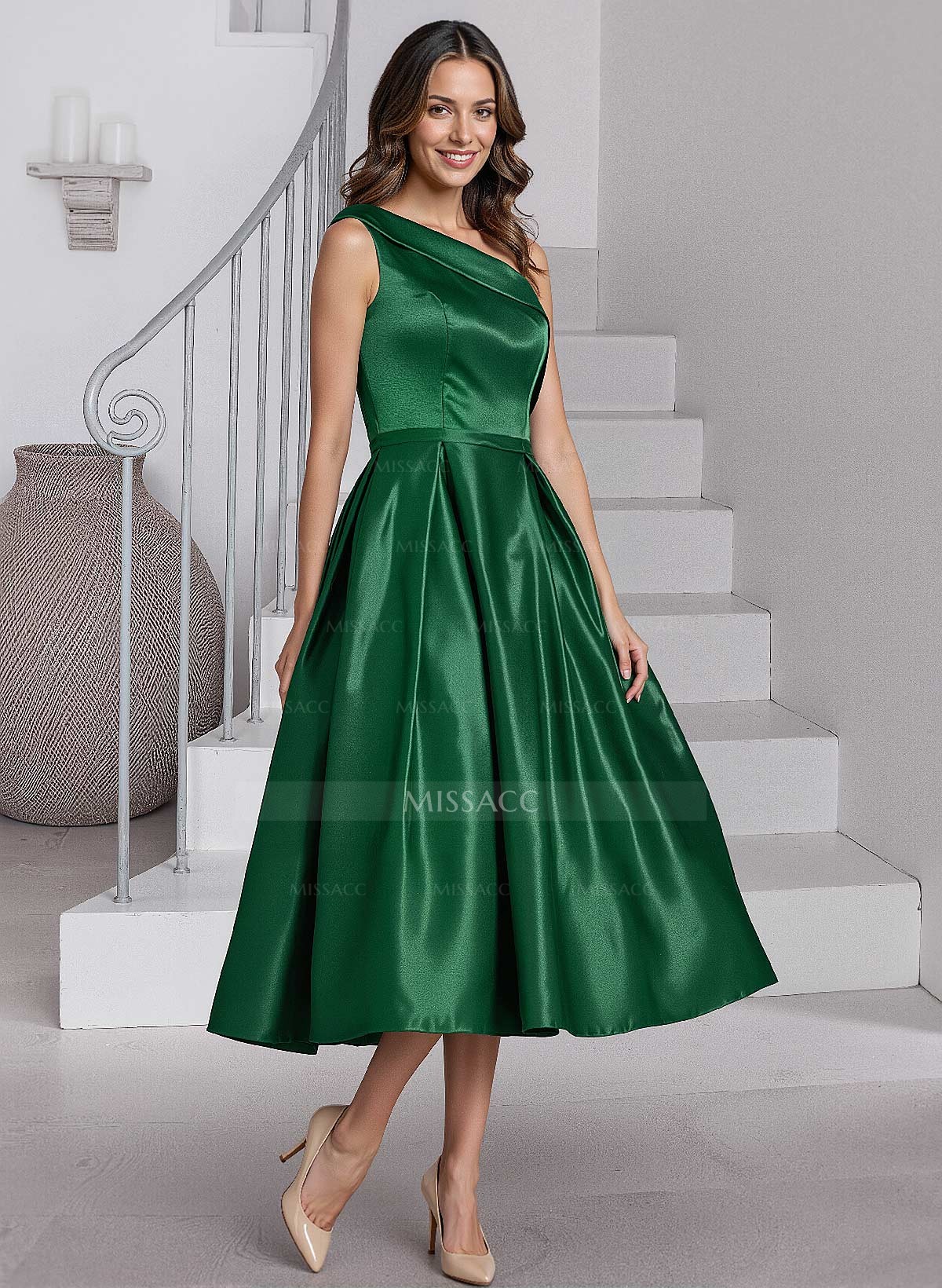 A-Line One-Shoulder Sleeveless Tea-Length Satin Mother Of The Bride Dresses