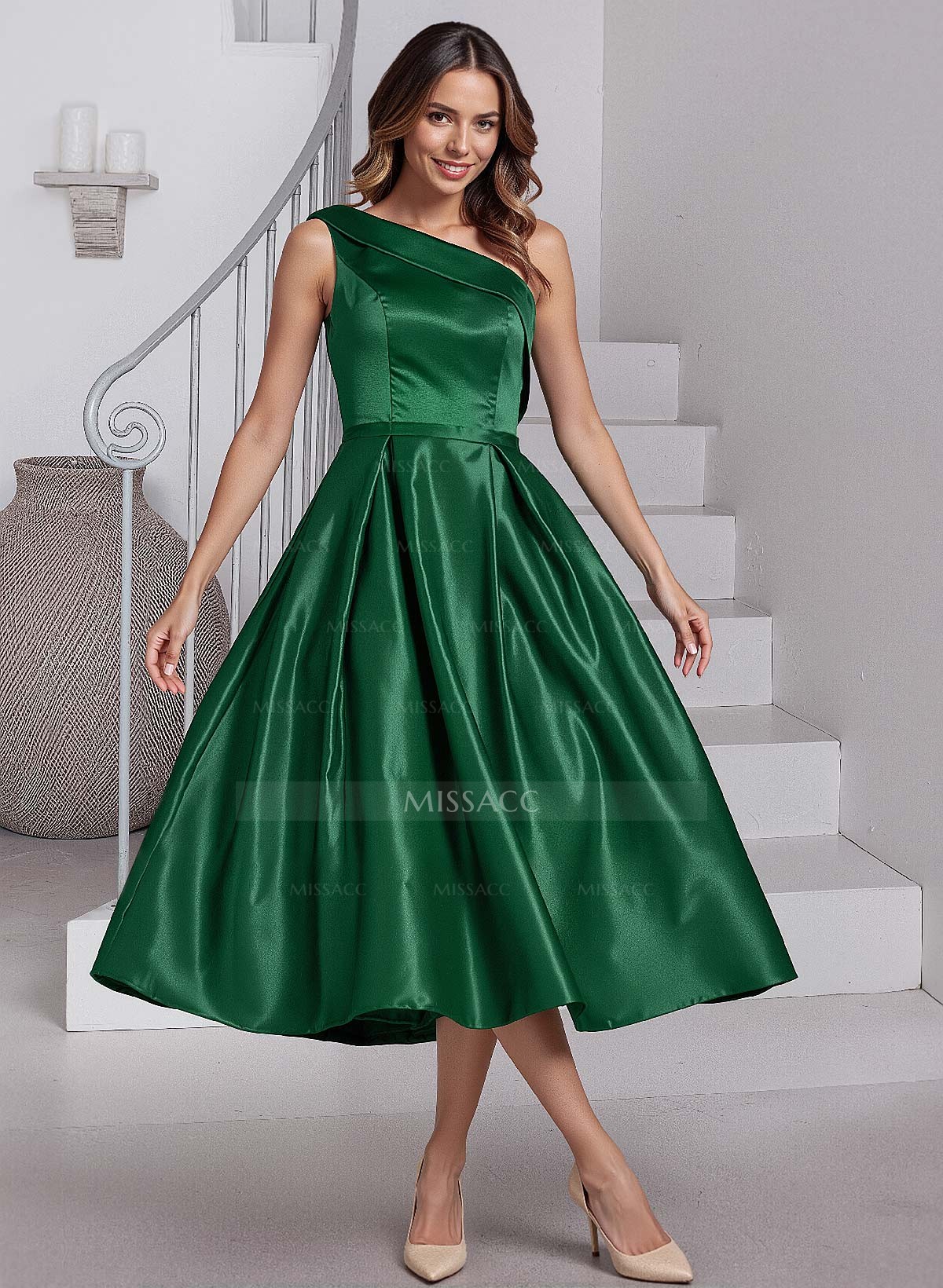 A-Line One-Shoulder Sleeveless Tea-Length Satin Mother Of The Bride Dresses