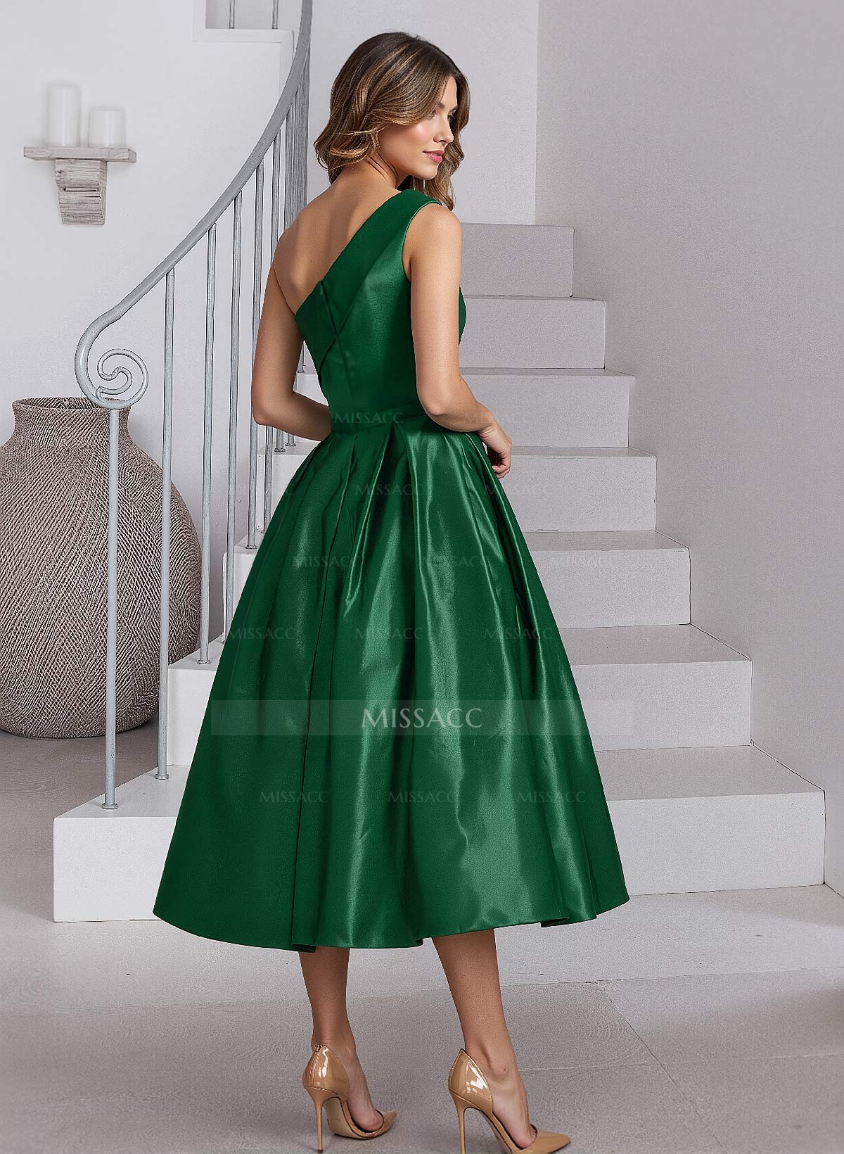 A-Line One-Shoulder Sleeveless Tea-Length Satin Mother Of The Bride Dresses