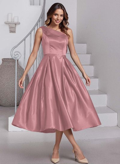 A-Line One-Shoulder Sleeveless Tea-Length Satin Mother Of The Bride Dresses