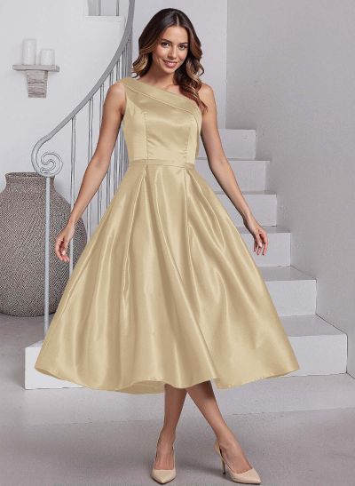 A-Line One-Shoulder Sleeveless Tea-Length Satin Mother Of The Bride Dresses