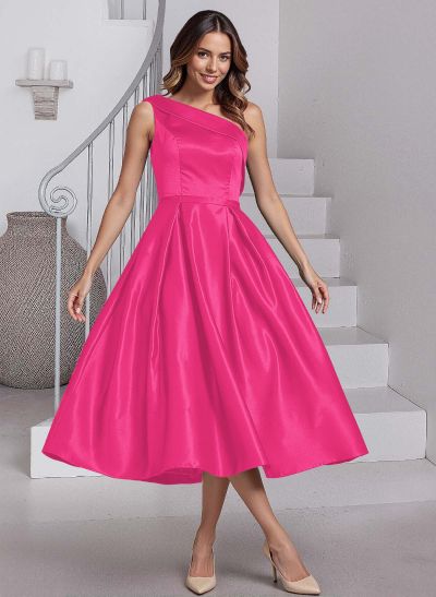 A-Line One-Shoulder Sleeveless Tea-Length Satin Mother Of The Bride Dresses