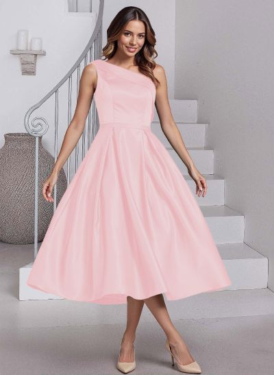 A-Line One-Shoulder Sleeveless Tea-Length Satin Mother Of The Bride Dresses