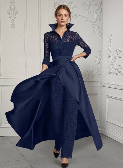 Jumpsuit/Pantsuit V-Neck Lace/Silk Like Satin Mother Of The Bride Dresses