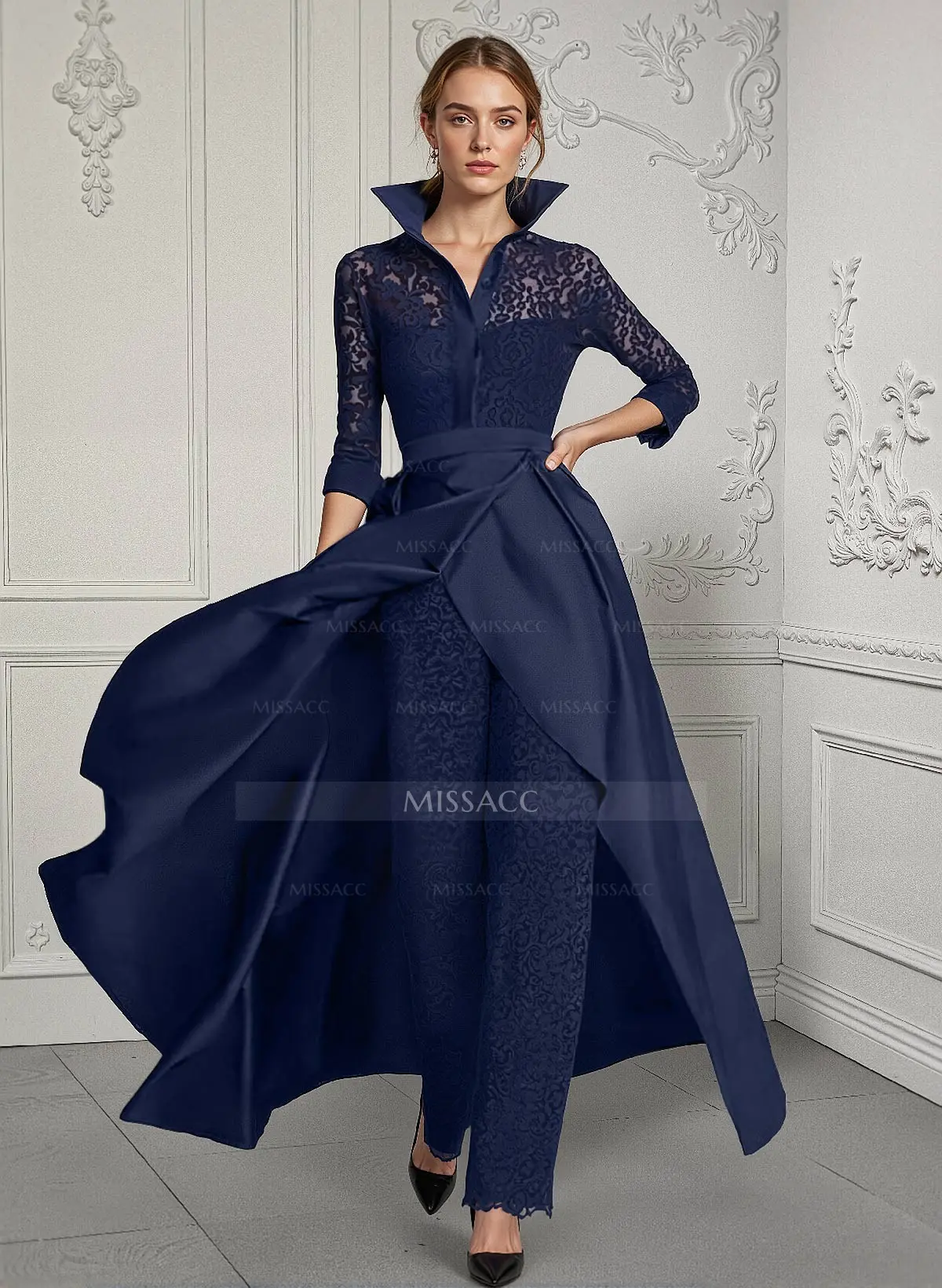 Missacc Dark Navy Mother Of The Bride Dresses Jumpsuit/Pantsuit V-Neck Lace/Silk Like Satin Mother Of The Bride Dresses
