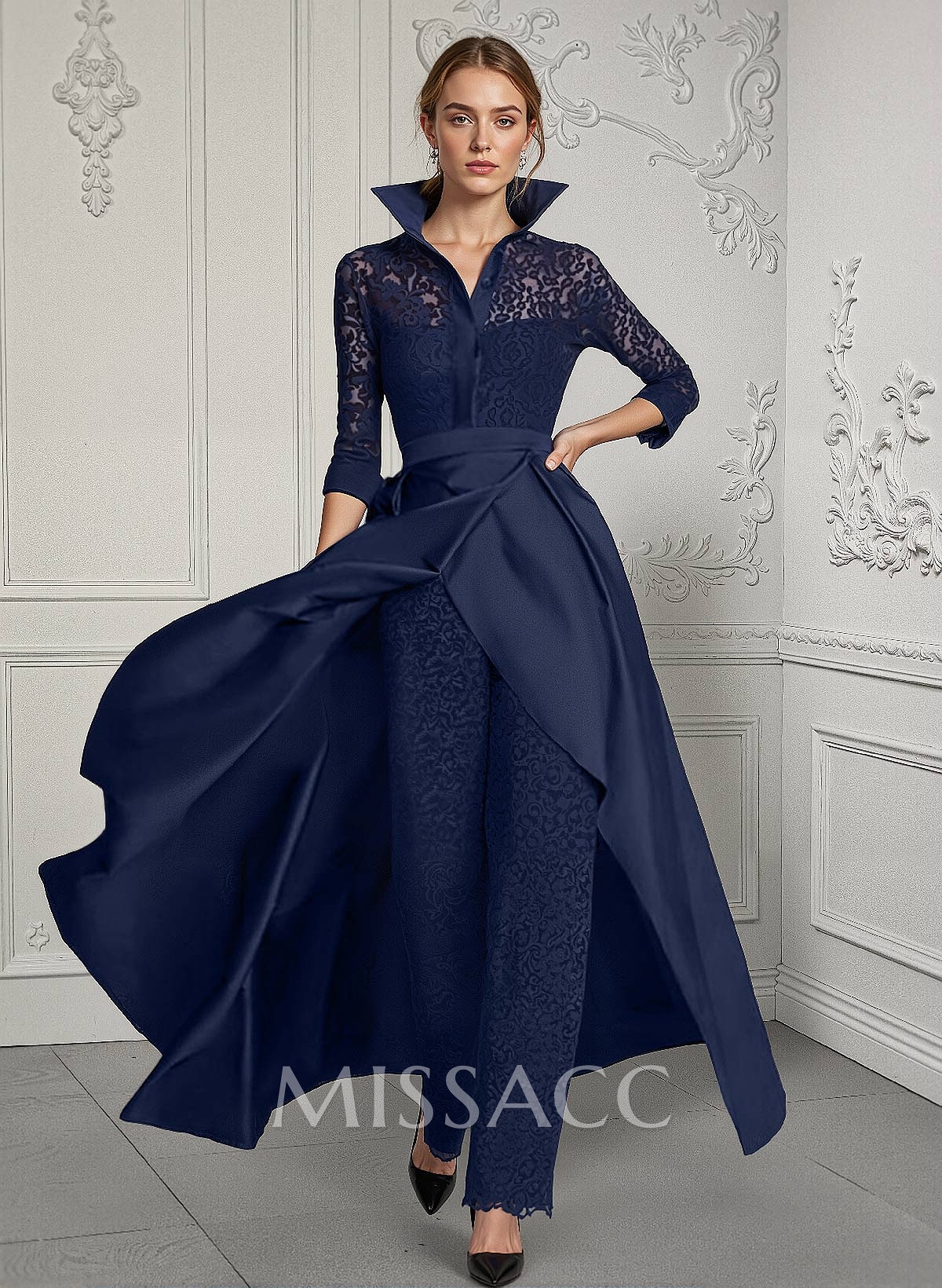 Jumpsuit/Pantsuit V-Neck Lace/Silk Like Satin Mother Of The Bride Dresses