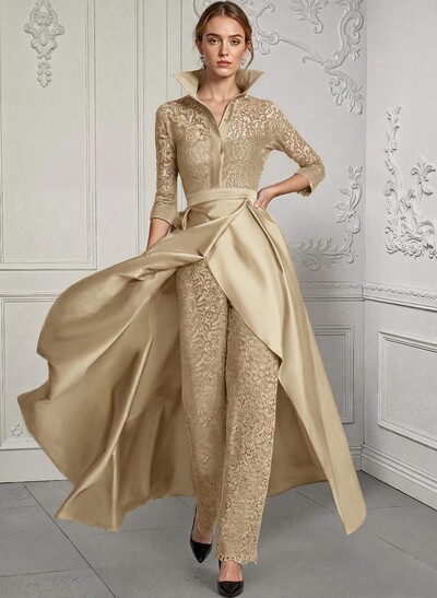 Jumpsuit/Pantsuit V-Neck Lace/Silk Like Satin Mother Of The Bride Dresses