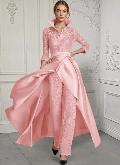 Jumpsuit/Pantsuit V-Neck Lace/Silk Like Satin Mother Of The Bride Dresses