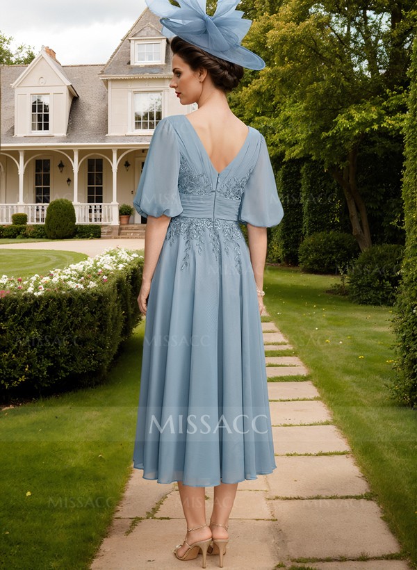 A-Line V-Neck 1/2 Sleeves Chiffon Mother Of The Bride Dresses With Lace