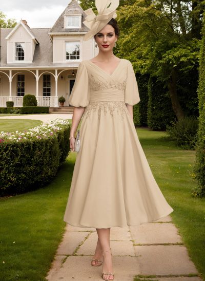 A-Line V-Neck 1/2 Sleeves Chiffon Mother Of The Bride Dresses With Lace