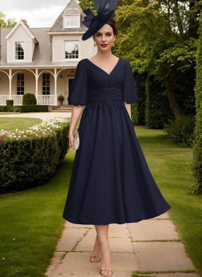 A-Line V-Neck 1/2 Sleeves Chiffon Mother Of The Bride Dresses With Lace