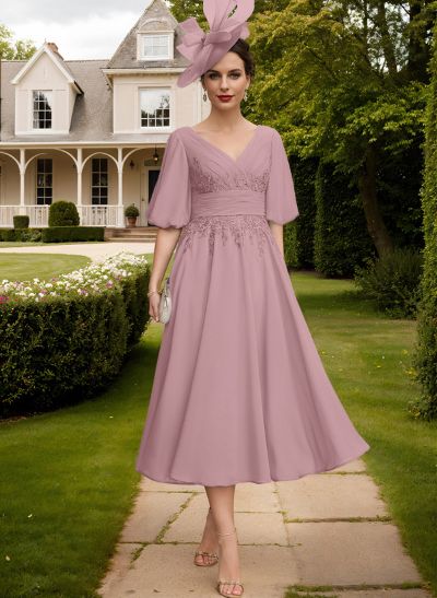 A-Line V-Neck 1/2 Sleeves Chiffon Mother Of The Bride Dresses With Lace