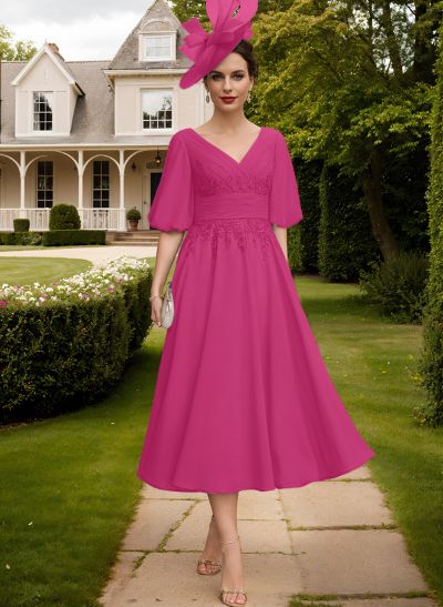 A-Line V-Neck 1/2 Sleeves Chiffon Mother Of The Bride Dresses With Lace