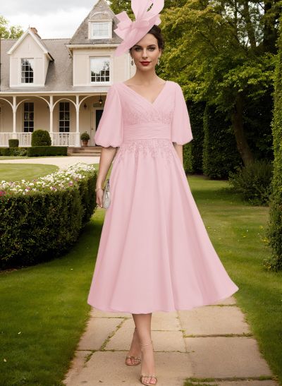 A-Line V-Neck 1/2 Sleeves Chiffon Mother Of The Bride Dresses With Lace