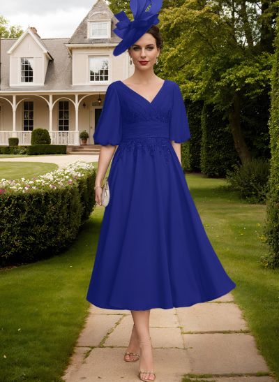 A-Line V-Neck 1/2 Sleeves Chiffon Mother Of The Bride Dresses With Lace