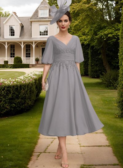 A-Line V-Neck 1/2 Sleeves Chiffon Mother Of The Bride Dresses With Lace