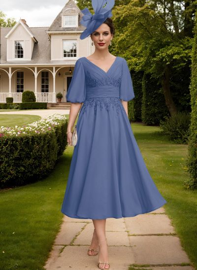 A-Line V-Neck 1/2 Sleeves Chiffon Mother Of The Bride Dresses With Lace