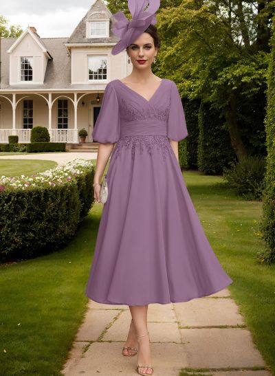 A-Line V-Neck 1/2 Sleeves Chiffon Mother Of The Bride Dresses With Lace