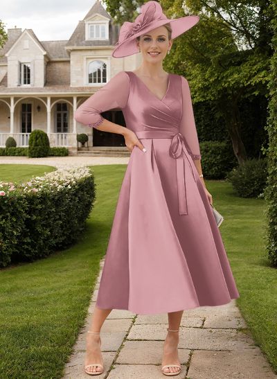 A-Line V-Neck 3/4 Sleeves Satin/Chiffon Mother Of The Bride Dresses With Bow(s)